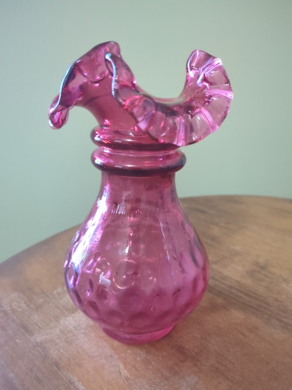 Fenton Cranberry Glass Coin Dot or Optic Pattern Ruffle 2 Ring Vase